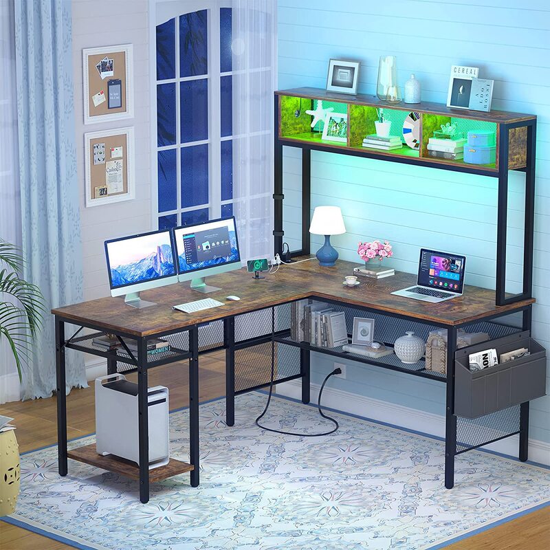 Cross-Border Special Supply Desk with Led Strips and Power Sockets, Home Study Desk, Steel and Wood Structure L-Shaped Computer Desk Trend