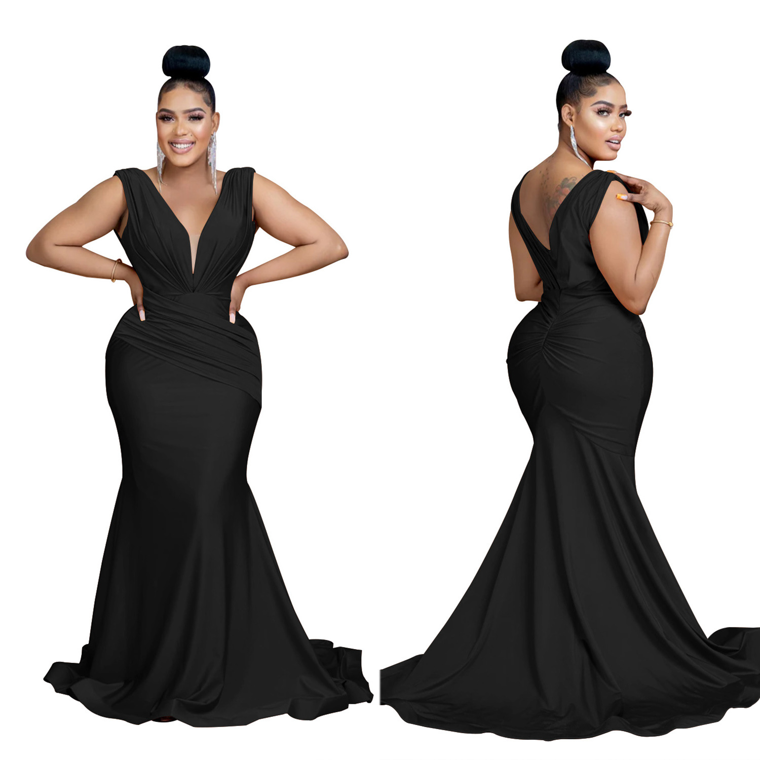 Abito lungo donna scollo a v plissettato elegante da sera_voghion.com