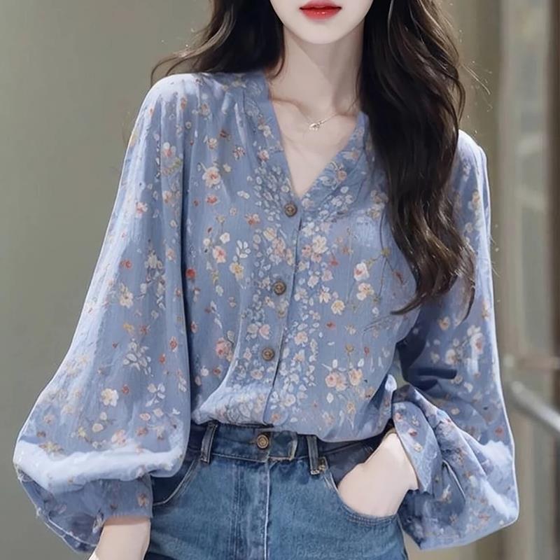 初秋法式绝美淑女气质森系蓝色碎花长袖衬衫上衣女宽松慵懒风|undefined
