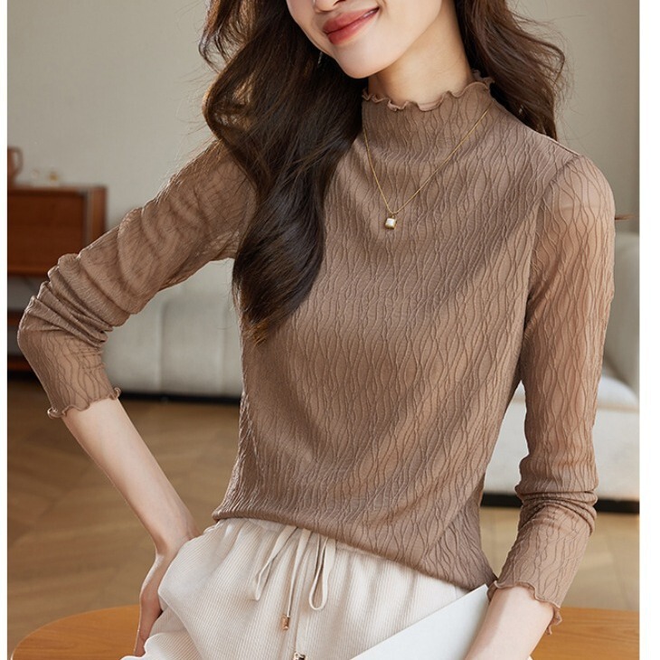 Texture lace bottoming shirt for women 2024 spring new Korean style lace half turtleneck inner long sleeve T-shirt top autumn and winter
