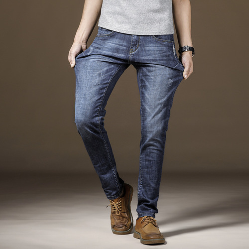Maliu slim fit small-foot jeans men's classic jeans stretch four-season trousers washed men Korean style men's clothing