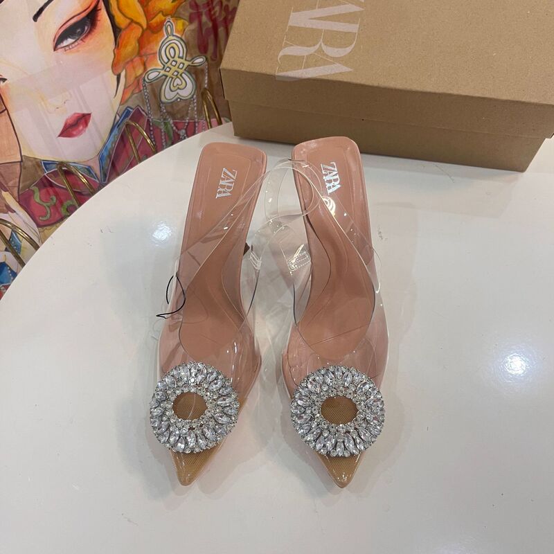 ZA2024 Summer New Women's Shoes Transparent Rhinestone Temperament Fairy Crystal Muller Shoes High Heeled Pointed Sandals Women ZA2024 Summer New Women's Shoes Transparent Rhinestone Temperament Fairy Crystal Muller Shoes High Heeled Pointed Sandals Women