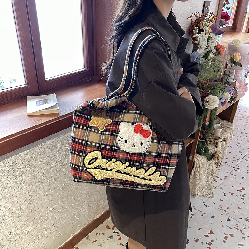 빈티지 토트 백 여성의 2024 새로운 귀여운 쌍 가방 헬로 키티 대용량 어깨 가방