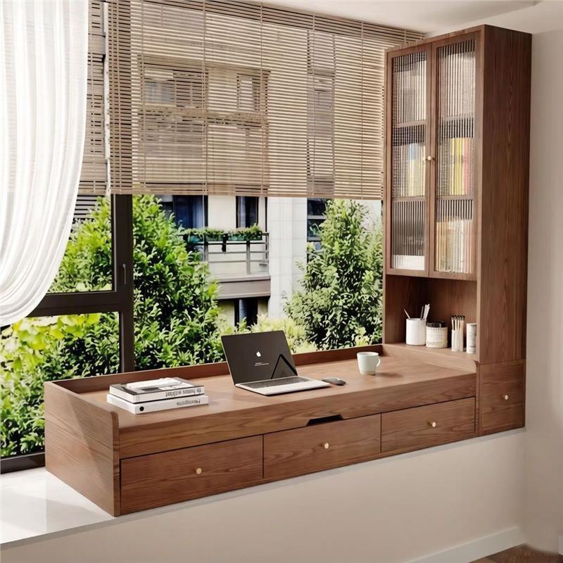 Solid wood desk bay window cabinet, extendable and retractable office desk, bedroom study computer table, window sill storage cabinet with drawers Solid wood desk bay window cabinet, extendable and retractable office desk, bedroom study computer table, window sill storage cabinet with drawers