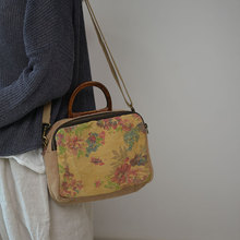 厂家文艺棉麻帆布包女手提小方包斜挎复古印花百搭通勤简约单肩包