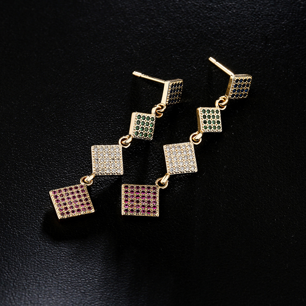 fashion copper 18K gold-plated color zircon square shape earrings