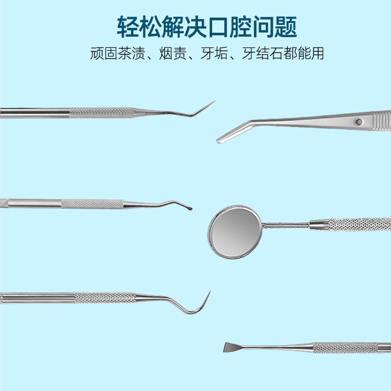 不鏽鋼牙醫工具6件套裝牙垢剔除器探針勾針潔牙結石寵物牙科口腔