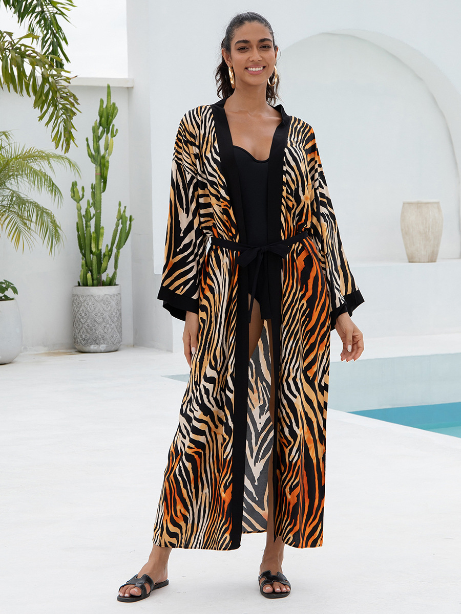 Women's Flowy Cover Up Kimono Beach Dress With Exotic Prints Lightweight Linen Feel Fabric For Pool, Vacation, Boho Outfit_ecoleips.com