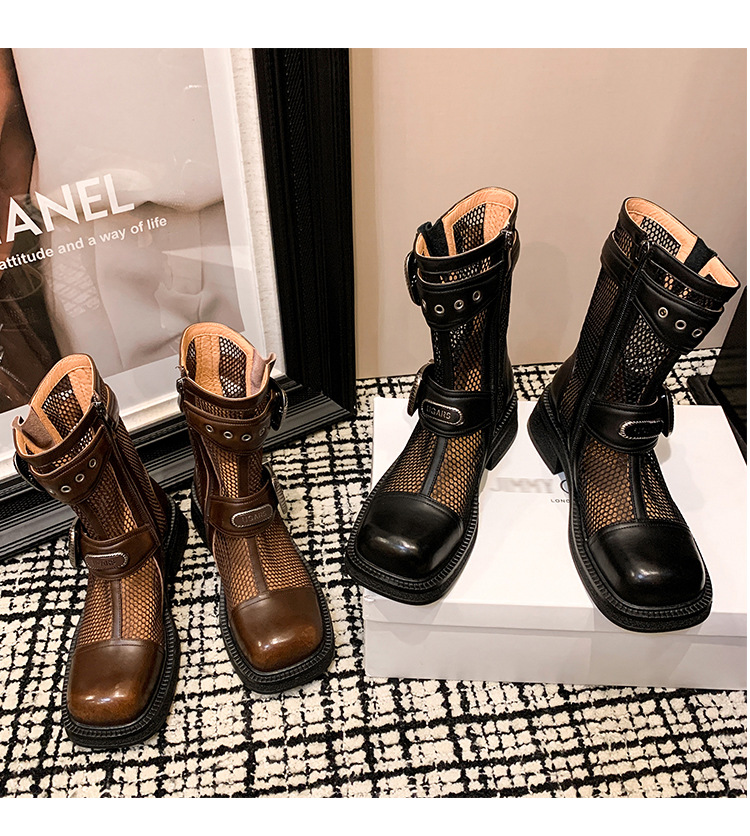 Boot nữ cổ thấp dây buộc phối khóa, đế dày platform lưới thoáng khí — màu nâu, màu đen chi tiết 26