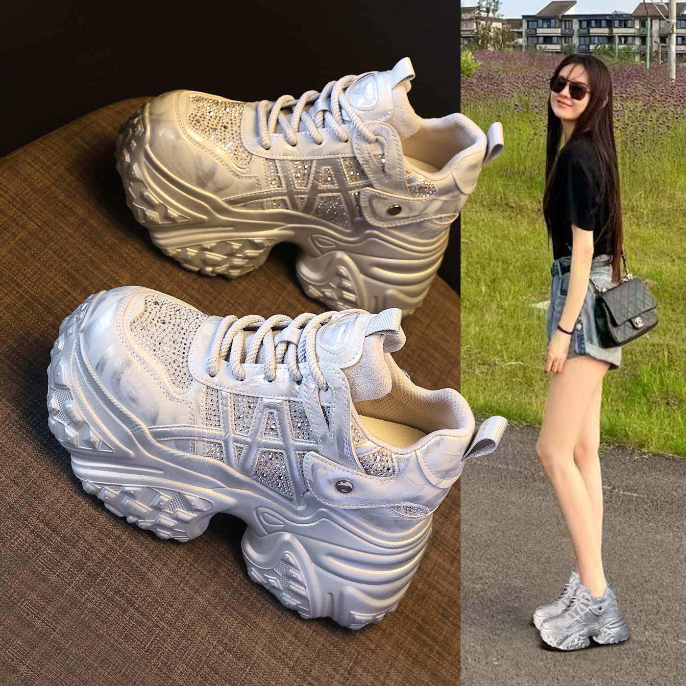 Giày sneaker nữ đế dày tăng chiều cao, phối đá rhinestone, lưới thoáng khí — màu trắng ngà