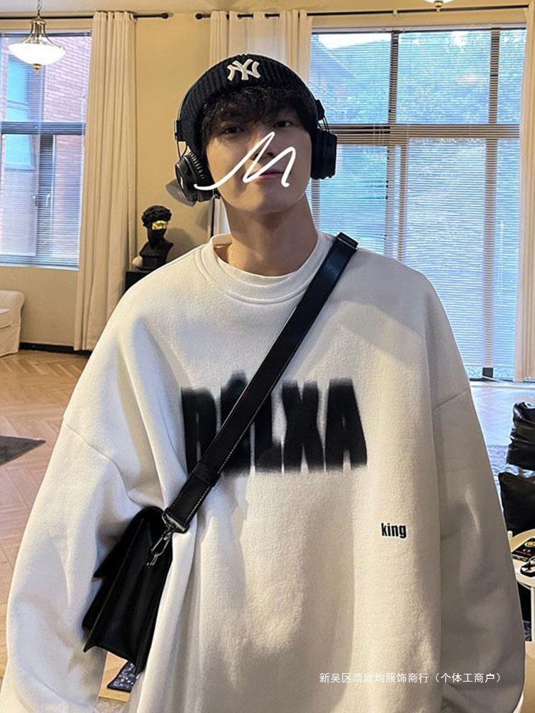 Heavy cotton men's round neck sweater Hong Kong style Spring and Autumn long sleeve fashion brand loose letter student winter fleece padded coat