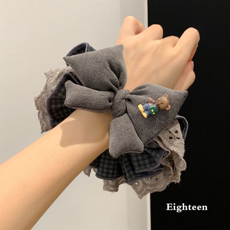 Designed Gray Lace Plaid Bow Four-Layer Hair Tie for Women to Tie Their Hair into a Ball Head and Low Ponytail Hair Rope Designed Gray Lace Plaid Bow Four-Layer Hair Tie for Women to Tie Their Hair into a Ball Head and Low Ponytail Hair Rope