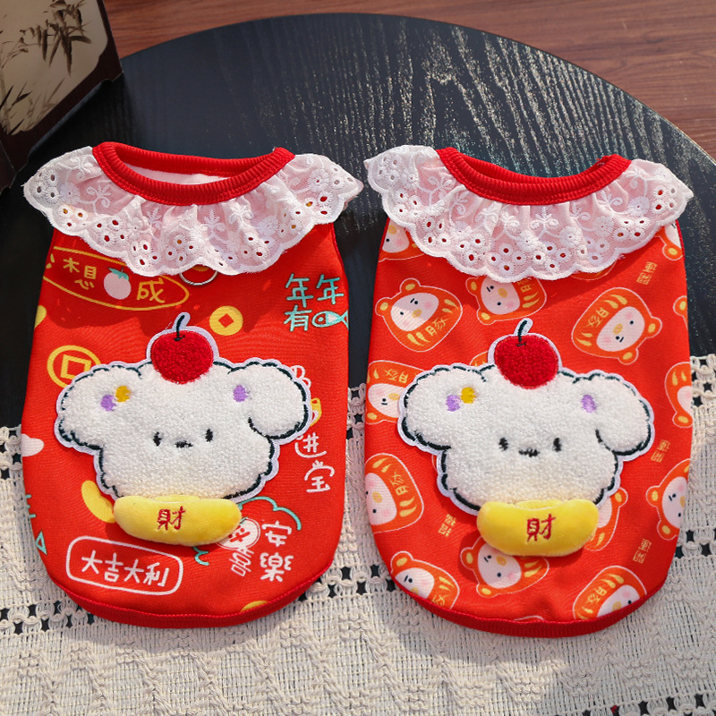 Año Nuevo mascotas perros gatos ropa accesorios otoño invierno leche terciopelo encaje manzanas que osos Teddy festivo