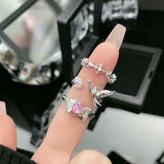 Minimalist pink diamond heart candy sweet cool opening ring for women, INS style, stackable swallow, versatile, delicate index finger ring, trendy