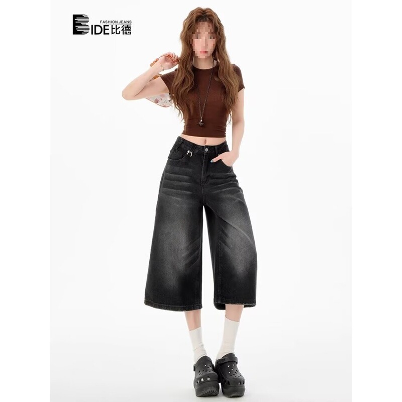 Spring and Summer New Wide-Leg Cropped Pants for Women, Retro Washed Distressed Straight Denim Shorts, Trendy