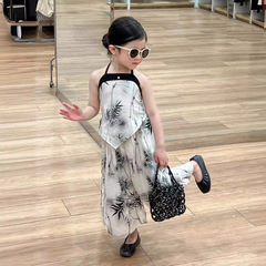 中國風新中式女童套裝2024夏裝水墨畫掛脖吊帶輕薄上衣闊腿褲套裝