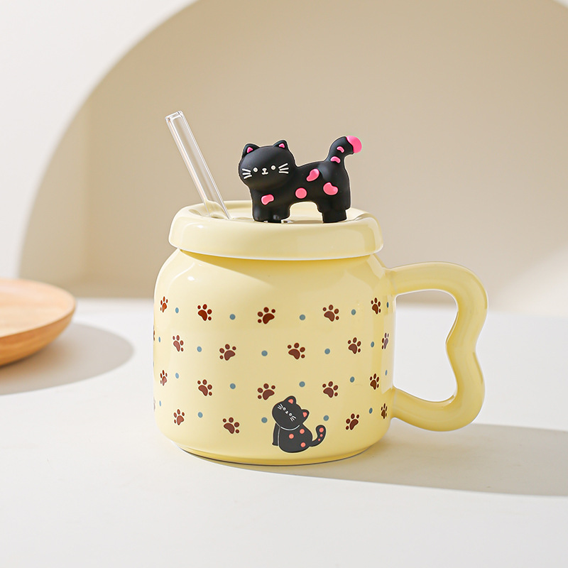 Taza de paja de dibujos animados de gato lindo suave Taza de oficina de alto valor con tapa Taza de pareja casera Taza de desayuno