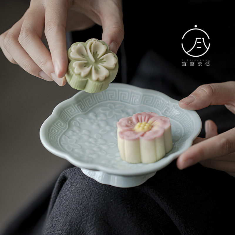 宜室茶话陶瓷中式茶点盘小高脚果盘家用创意干果盘点心盘茶道配件