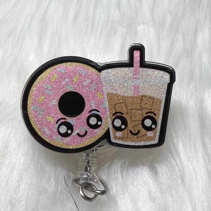 Donuts and Iced Coffee Badge Reel Registered Nurse Identity Clip Glitter Nurse Key Card Sweet Food Lover