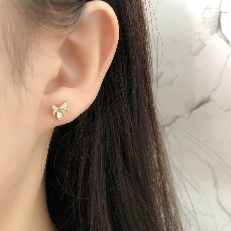 Fashion Bow Knot Sterling Silver Inlay Zircon Ear Studs 1 Pair