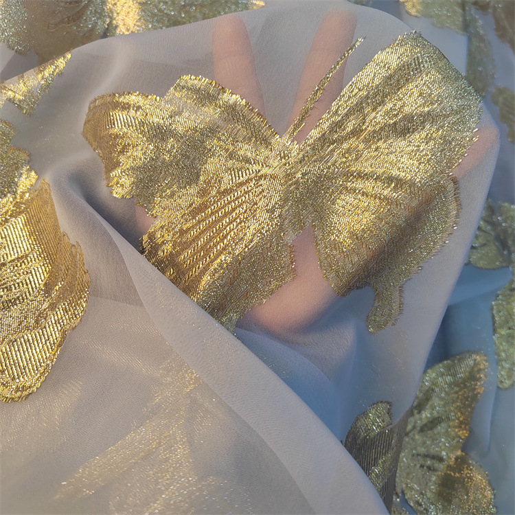 Golden Silk Flower Cut Spring and Summer Chiffon Women's Shirt dress Hanfu Fabric Metal Wire Butterfly Flower Cut Series