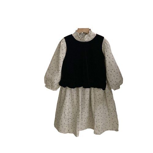New Autumn Girls' Forest Series Floral Patchwork Dress 2025 Solid Color Versatile Charming Velvet Vest Two-Piece Set