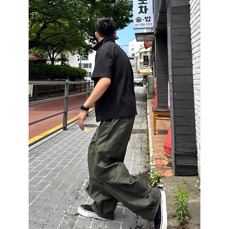 American Retro Military Green Scimitar Cargo Pants Men's Autumn Washed Pure Cotton Wide-Leg Straight Casual Long Pants