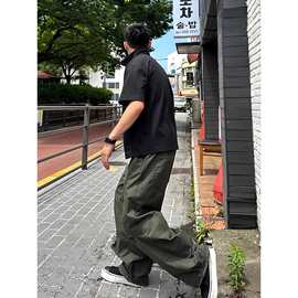 美式复古军绿色弯刀工装裤男款秋季水洗纯棉裤子阔腿直筒休闲长裤