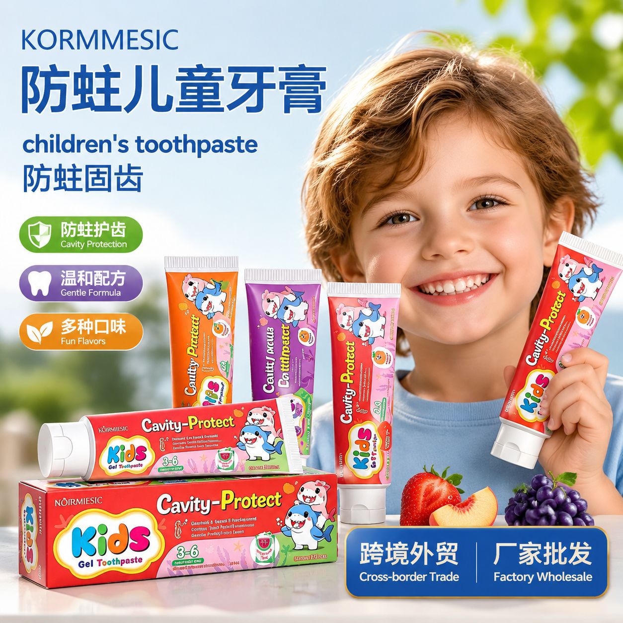 Cross-border KORMESIC all-English children's toothpaste for fresh breath and cleaning, foreign trade anti-cavity toothpaste, factory wholesale