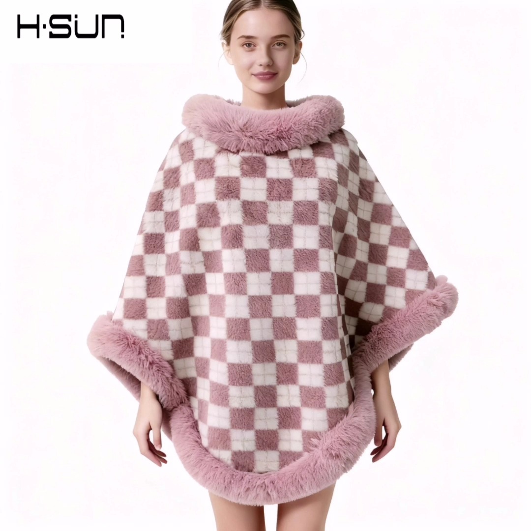 2024 otoño e invierno cuello de piel irregular a cuadros capa de contraste capa chal de mujer más capa de lana capa de terciopelo