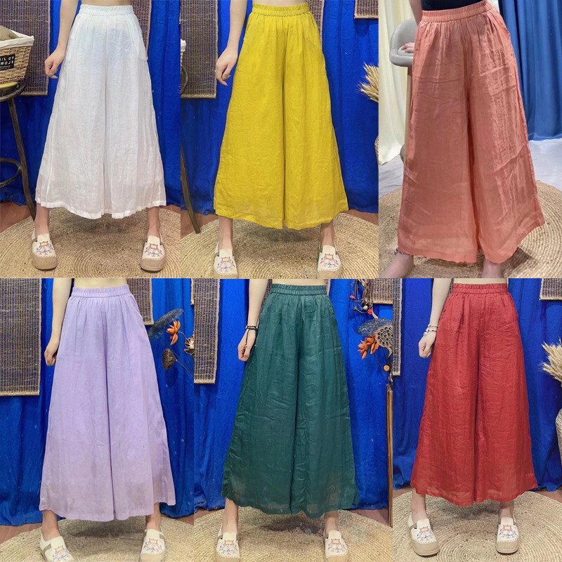 All-Match Good Wear Solid Color Ramie Casual Pants Women's Lightweight Breathable Lined Artistic Loose Straight Pants