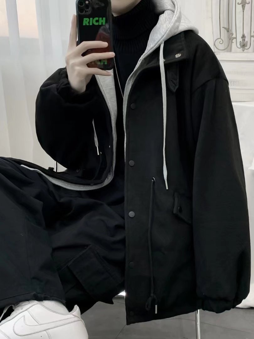 Oscuro ins moda marca High Street abrigo de lana de los hombres Otoño e Invierno estilo coreano moda suelta con capucha abrigo de lana