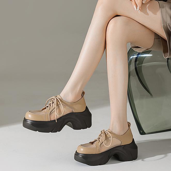 Giày lười da thật nữ cao gót buộc dây lưới đế dày gót thô — Màu đen, Màu mơ