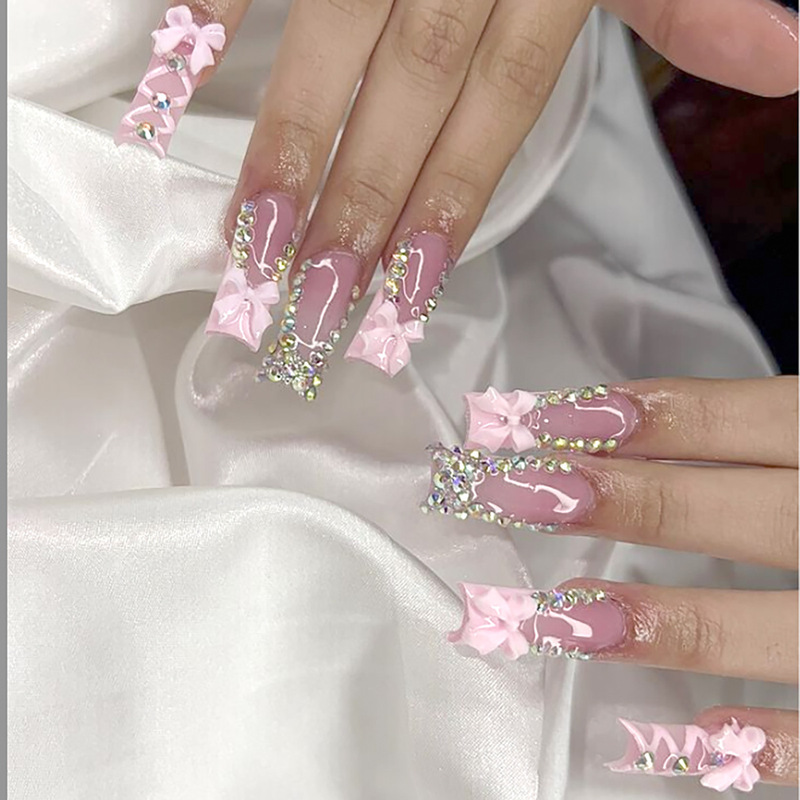 Cross-border Long Water Pipe Armor Sweet Wear Armor French Pink Multi-diamond Bow Manicure Wearable European and American Manicure