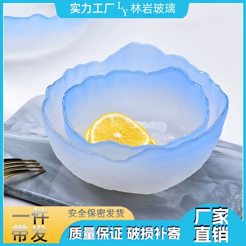 Japanese Creative Fruit Plate Salad Bowl Transparent Gold Edge Lotus Mist Blue Simple Home Hotel Cold Dish Bowl Tea Wash Set