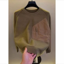 2025高档重工圆领拼接针织毛衣男士秋冬保暖时尚潮流打底衫男装