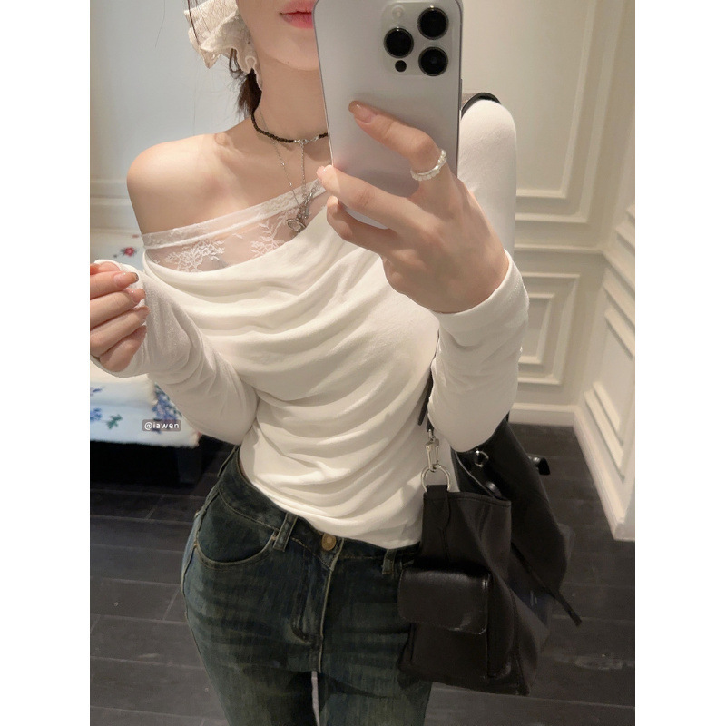 韩系纯欲蕾丝拼接露肩女2025春季新款设计感小众显瘦短款辣妹上衣|undefined