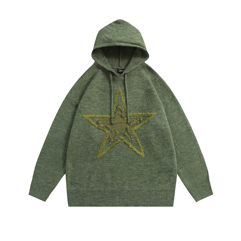 Men's Clothing Autumn Male And Female Students Neutral American Trendy Brand Jacquard Five Pointed Star Mixed Color Raw Edge Loose Sweatshirt Trend_viptrois.com