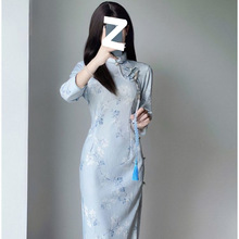 2025夏季新中式收腰高开叉中长款连衣裙女短袖印花新款改良旗袍裙