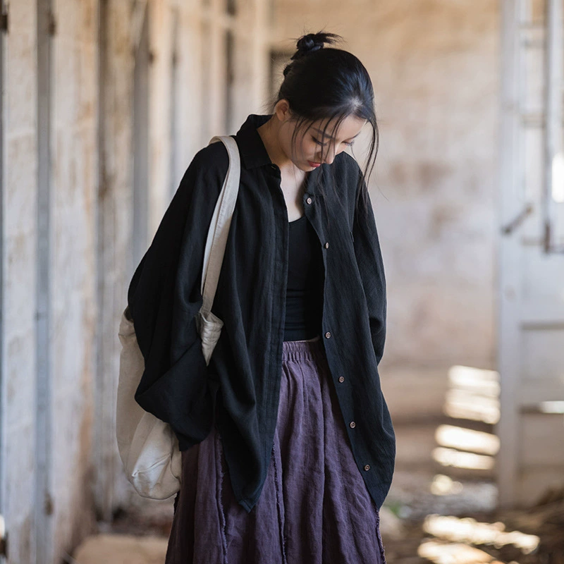 Новинка: Зимняя женская винтажная блузка из хлопка и льна с рукавами «летучая мышь», выполненная методом сэндвошинга, в оригинальном художественном стиле