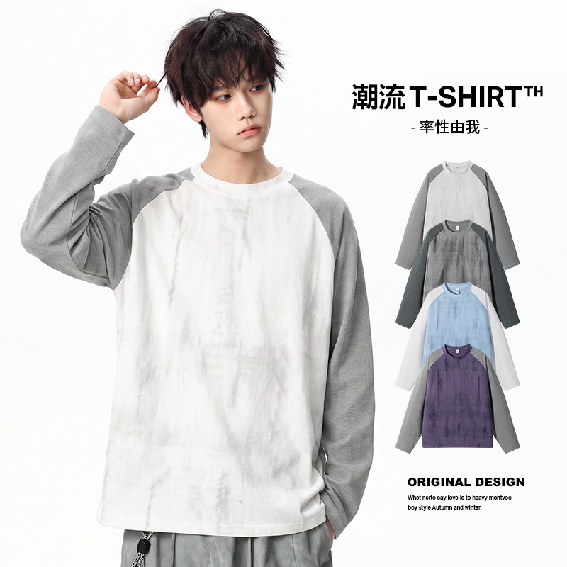 Long-sleeved T-shirt, trendy American-style tie-dye design, breathable, color-blocked, casual, round-neck sweatshirt, suitable for spring and autumn