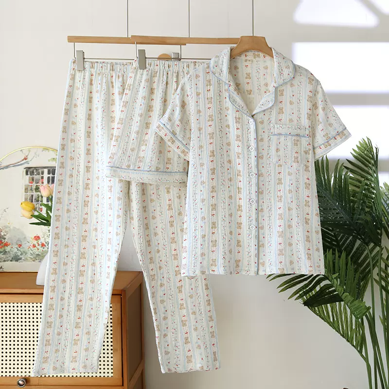 夏三件套女士棉纱短袖短裤睡衣套装双层纱布半袖长裤小清新家居服