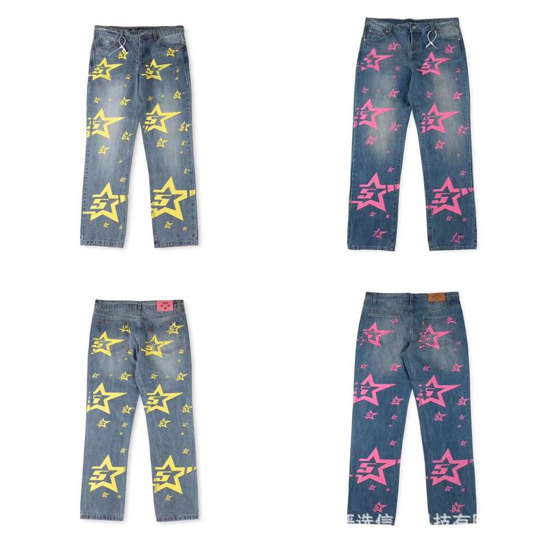 Cross-border Export Star Same Style Sp5der 555555 Washed Denim Trousers European and American Hip Hop Singer Jeans
