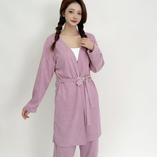 Women's Solid Color Long Sleeve Belted Robe for Autumn/Winter Loose Overwear Medium Length Bath Robe Home Top