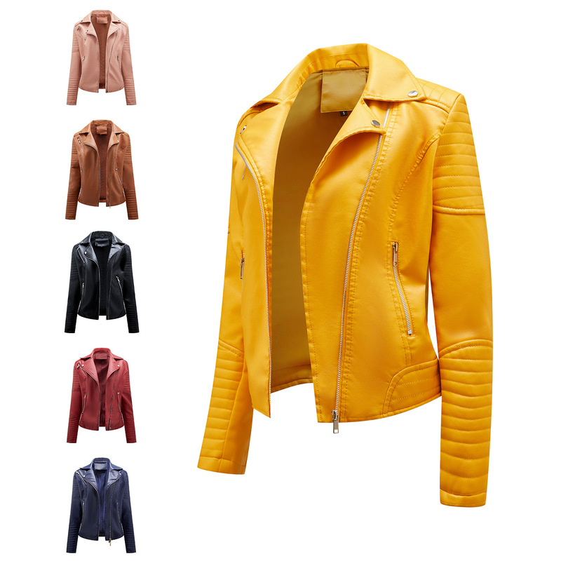2022 Spring and Autumn Short Leather Jacket Women's European Size Slim Lapel Motorcycle Suit Diagonal Zipper Jacket Amazon Women's Jacket