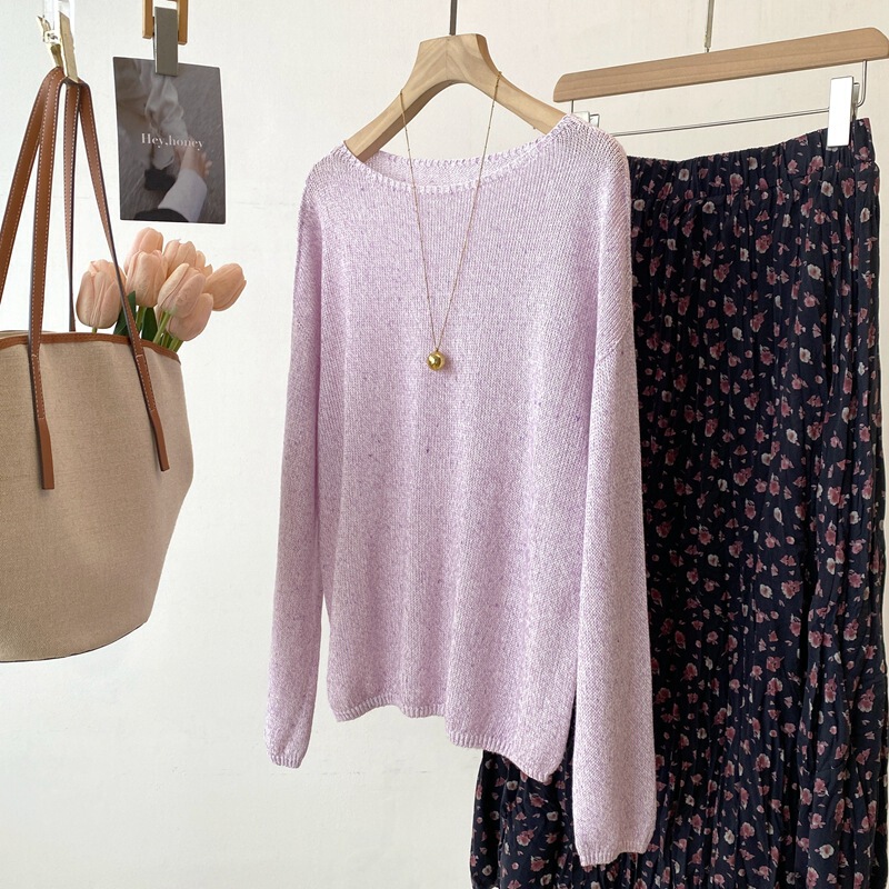 26 Spring/Summer New Collection Ink Color Dot and Paper Yarn Seamless Off-Shoulder Rolled Edge Long Sleeve Knitted Sweater Blouse for Women V6303
