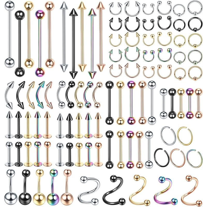 Cross-border Mixed Piercing Styles: Stainless Steel Threaded Tongue Curved Barbell, Pointed Cone Navel Round Ball Lip_voghion.com