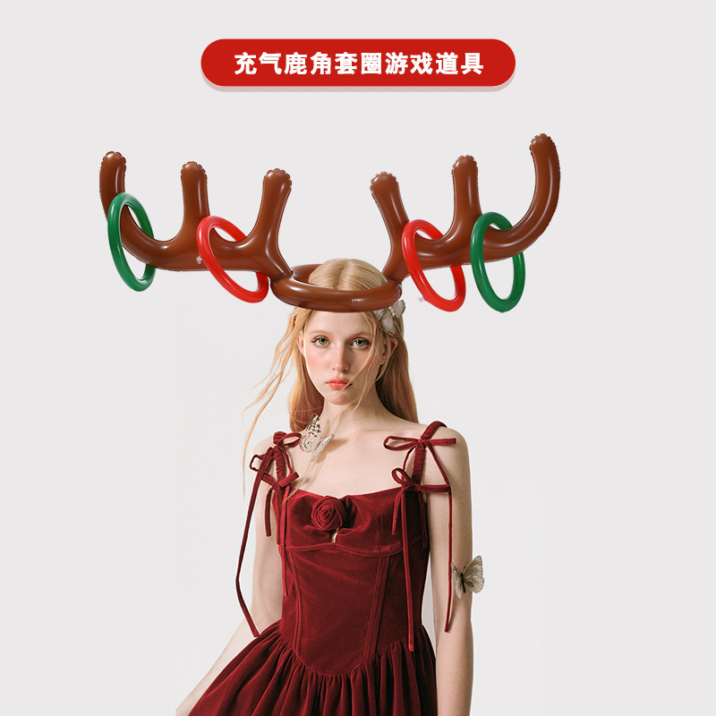 Aro inflable con forma de cuernos de reno, diadema, juego de lanzamiento, accesorio inflable, juguete navideño