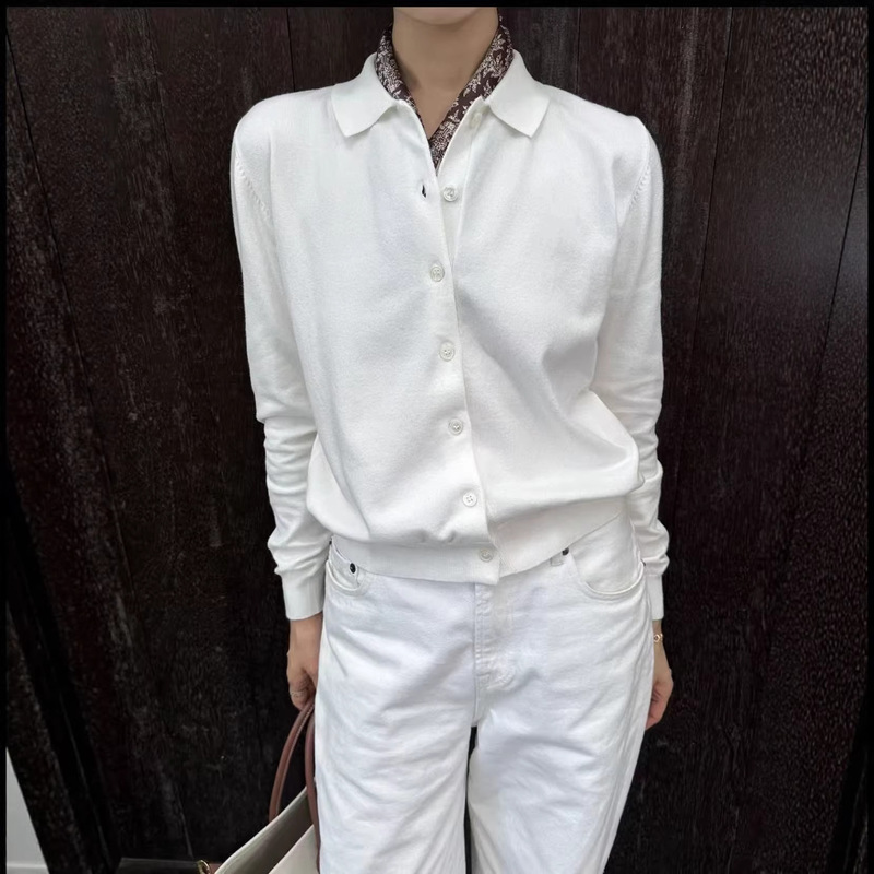 Cross-Border Qr Code Scannable Ralph Polo Collar Knitted Cardigan with Small Ma Logo Embroidery Pure Cotton Sweater Long-Sleeve Jacket for Women