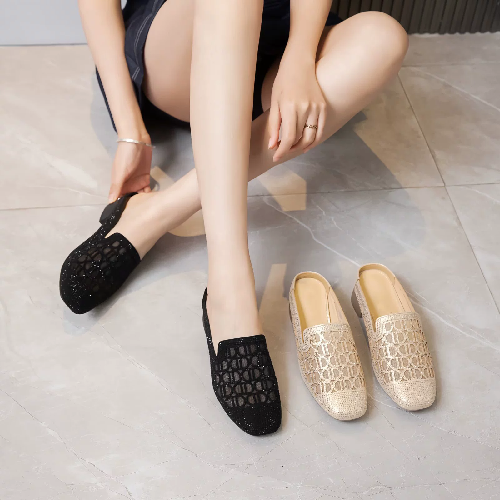 Летние новые тапки Баотоу женские полутолщенные плоские сетчатые пряжи